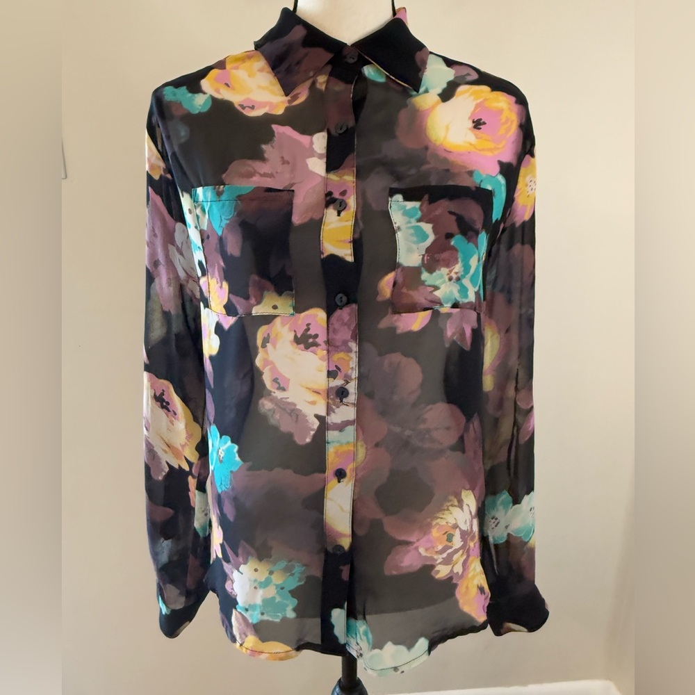 Decree semi sheer colorful floral button up top blouse SZ SM